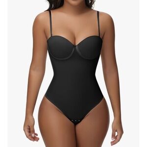 Shapshe Black Tummy Control Shapewear Bodysuit Lace Up Back Underwire Thong M
